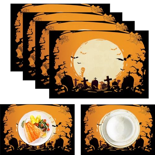 Grabsteine Friedhöfe Platzdeckchen aus Leinen, wasserdicht, waschbar, hitzebeständig, 6 Stück, Halloween Vollmond für ESS-/Küchentisch, Orange Schwarz 30x45cm Grabsteine Friedhöfe Platzdeckchen aus Leinen, wasserdicht, waschbar, hitzebeständig, 6 Stück, Halloween Vollmond für ESS-/Küchentisch, Orange Schwarz 30x45cm von CAEITLRSO