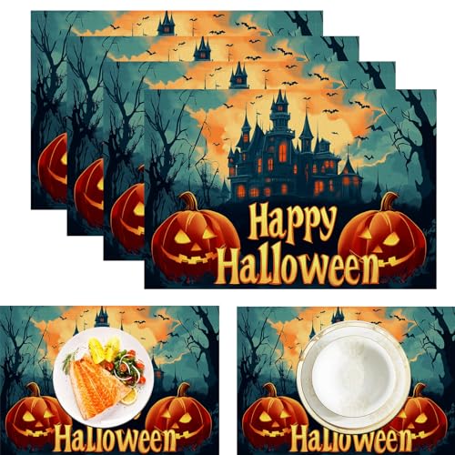 Happy Halloween Platzsets, 4 Stück, Kürbis Schloss, 30 x 45 cm, saisonal, waschbar, Leinen-Tischmatte für Party, Küche, Esszimmer, Kaffee, Outdoor von CAEITLRSO