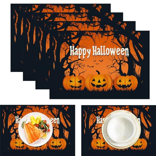Happy Halloween Platzsets, 4 Stück, Kürbis Wald, 30 x 45 cm, saisonal, waschbar, Leinen-Tischmatte für Party, Küche, Esszimmer, Kaffee, Outdoor von CAEITLRSO