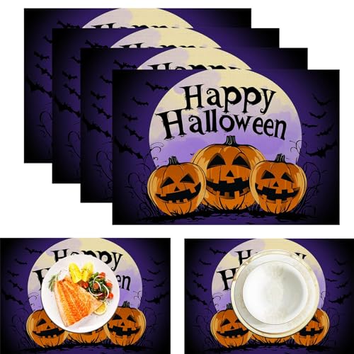 Happy Halloween Platzsets, 6 Stück, Vollmond Kürbis, 30 x 45 cm, saisonal, waschbar, Leinen-Tischmatte für Party, Küche, Esszimmer, Kaffee, Outdoor von CAEITLRSO