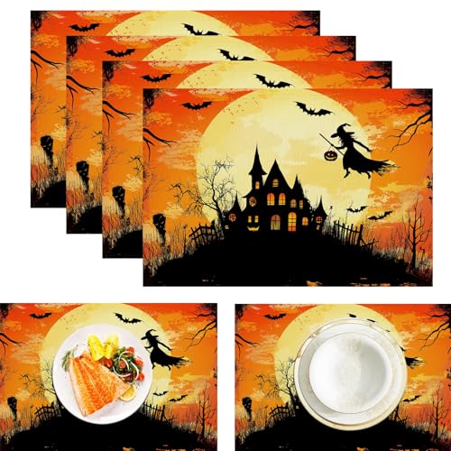 Hexe Kürbislaterne Platzsets, 4 Stück, Halloween Schloss, 30 x 45 cm, saisonal, waschbar, Leinen-Tischmatte für Party, Küche, Esszimmer, Kaffee, Outdoor von CAEITLRSO