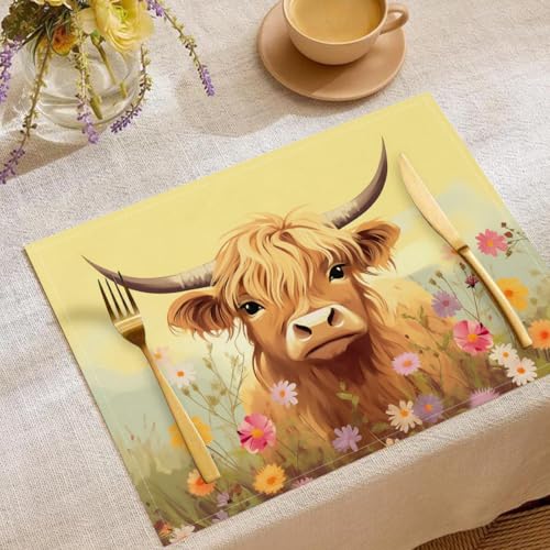 Hochlandrinder Tischsets Frühling Wildblumen Waschbar Stoff Dekoration Tischsets Platzset Tischdekorations Digitaldruck Platzsets für Küche 45 x 30 cm 6 Stück von CAEITLRSO