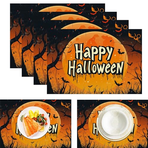 Horror Halloween Platzdeckchen aus Leinen, wasserdicht, waschbar, hitzebeständig, 4 Stück, Mond Wald für ESS-/Küchentisch, Orange Schwarz 30x45cm Horror Halloween Platzdeckchen aus Leinen, wasserdicht, waschbar, hitzebeständig, 4 Stück, Mond Wald für ESS-/Küchentisch, Orange Schwarz 30x45cm von CAEITLRSO