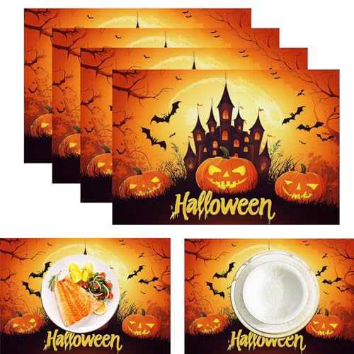 Horror Kürbis Platzsets, 6 Stück, Cartoon Fledermaus Schloss, 30 x 45 cm, saisonal, waschbar, Leinen-Tischmatte für Party, Küche, Esszimmer, Kaffee, Outdoor von CAEITLRSO