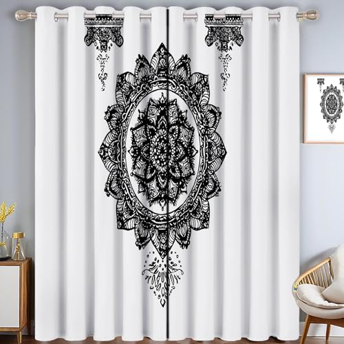 Indien Mandala Verdunkelungsvorhang - Schwarz Weiß Vorhang Blickdicht mit Ösen, Traditionell Elegant Geräuschreduzierend Thermovorhang für Wohnzimmer Schlafzimmer, H 215 x B 110 cm (2er Pack) von CAEITLRSO