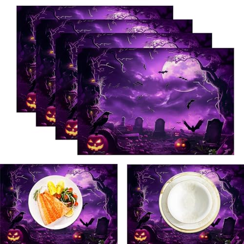 Krähe Fledermaus Tischsets, 6 Stück, Magentaviolett, Kürbis Friedhof Grabstein Tischset, 30 x 45 cm, saisonale hitzebeständige Tischsets für Party, Küche, Esszimmer von CAEITLRSO