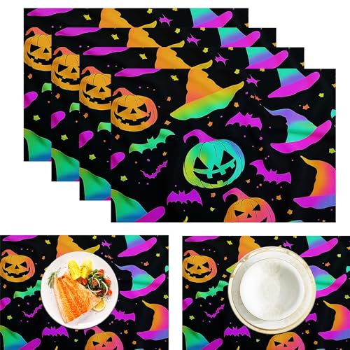 Kürbis Fledermaus Platzdeckchen aus Leinen, wasserdicht, waschbar, hitzebeständig, 6 Stück, Hexenhut für ESS-/Küchentisch, Neonfarben 30x45cm von CAEITLRSO