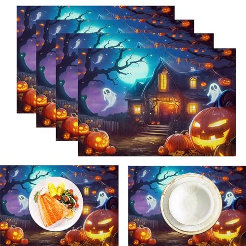 Kürbis Geist Platzdeckchen aus Leinen, wasserdicht, waschbar, hitzebeständig, 4 Stück, Halloween Spukhaus für ESS-/Küchentisch, Orange Blau 30x45cm Kürbis Geist Platzdeckchen aus Leinen, wasserdicht, waschbar, hitzebeständig, 4 Stück, Halloween Spukhaus für ESS-/Küchentisch, Orange Blau 30x45cm von CAEITLRSO