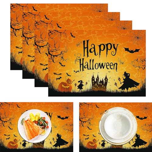 Kürbis Hexe Tischsets, 6 Stück, Orange Gelb, Spinnennetz Fledermaus Tischset, 30 x 45 cm, saisonale hitzebeständige Tischsets für Party, Küche, Esszimmer von CAEITLRSO