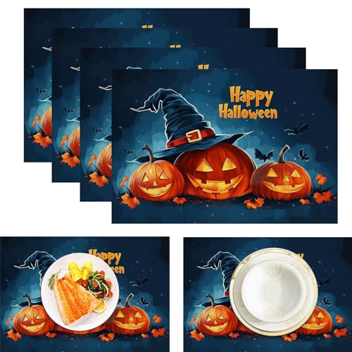 Kürbis Hexenhut Platzdeckchen aus Leinen, wasserdicht, waschbar, hitzebeständig, 4 Stück, Happy Halloween für ESS-/Küchentisch, Blau 30x45cm Kürbis Hexenhut Platzdeckchen aus Leinen, wasserdicht, waschbar, hitzebeständig, 4 Stück, Happy Halloween für ESS-/Küchentisch, Blau 30x45cm von CAEITLRSO