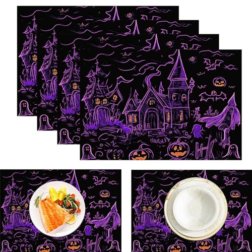 Kürbis Spukhaus Platzdeckchen aus Leinen, wasserdicht, waschbar, hitzebeständig, 4 Stück, Hexe Fledermaus für ESS-/Küchentisch, Schwarz Lila 30x45cm Kürbis Spukhaus Platzdeckchen aus Leinen, wasserdicht, waschbar, hitzebeständig, 4 Stück, Hexe Fledermaus für ESS-/Küchentisch, Schwarz Lila 30x45cm von CAEITLRSO