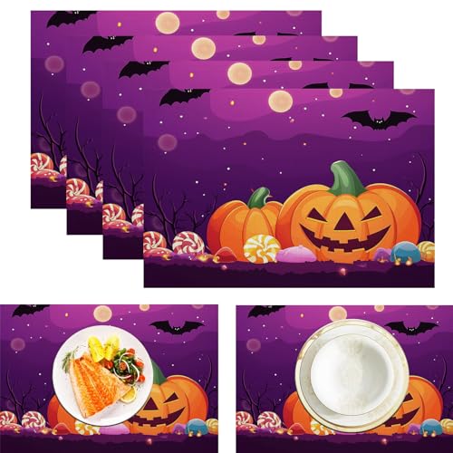 Kürbis Süßigkeiten Platzdeckchen aus Leinen, wasserdicht, waschbar, hitzebeständig, 6 Stück, Halloween Party für ESS-/Küchentisch, Lounge Violet 30x45cm Kürbis Süßigkeiten Platzdeckchen aus Leinen, wasserdicht, waschbar, hitzebeständig, 6 Stück, Halloween Party für ESS-/Küchentisch, Lounge Violet 30x45cm von CAEITLRSO