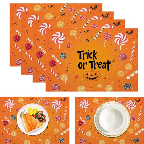 Kürbis Süßigkeiten Tischsets, 4 Stück, Orange Farbe, Trick Or Treat Tischset, 30 x 45 cm, saisonale hitzebeständige Tischsets für Party, Küche, Esszimmer von CAEITLRSO