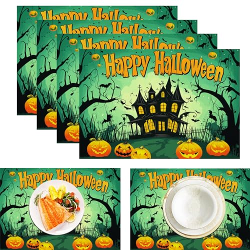 Kürbis Wald Platzsets, 6 Stück, Cartoon Spukhaus, 30 x 45 cm, saisonal, waschbar, Leinen-Tischmatte für Party, Küche, Esszimmer, Kaffee, Outdoor von CAEITLRSO