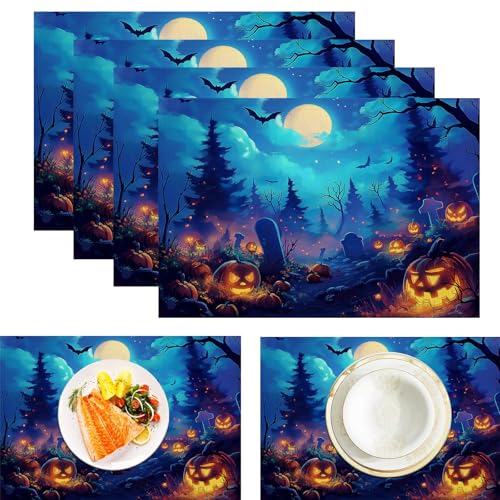 Kürbislaterne Friedhof Platzdeckchen aus Leinen, wasserdicht, waschbar, hitzebeständig, 6 Stück, Fledermäuse Wald für ESS-/Küchentisch, Blau Schwarz 30x45cm Kürbislaterne Friedhof Platzdeckchen aus Leinen, wasserdicht, waschbar, hitzebeständig, 6 Stück, Fledermäuse Wald für ESS-/Küchentisch, Blau Schwarz 30x45cm von CAEITLRSO