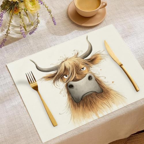 Lustig Hochlandrind Tischsets Cartoon Kritzeleien Waschbar Stoff Dekoration Tischsets Platzset Tischdekorations Digitaldruck Platzsets für Küche 45 x 30 cm 4 Stück von CAEITLRSO