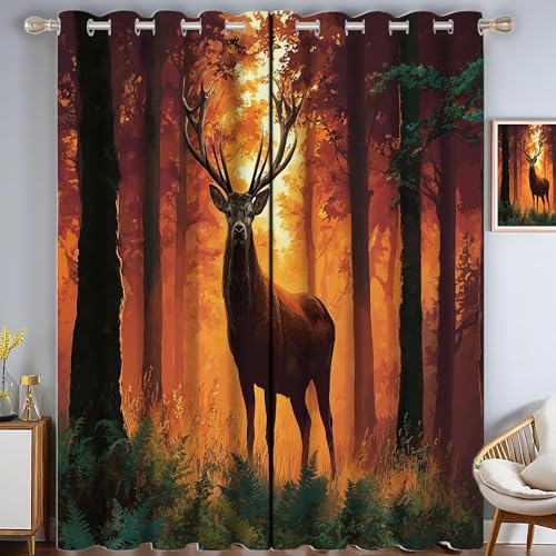 Majestätisch Hirsch Verdunkelungsvorhang - Orange Grün Vorhang Blickdicht mit Ösen, Sonnenschein Wald Geräuschreduzierend Thermovorhang für Wohnzimmer Schlafzimmer, H 166 x B 75 cm (2er Pack) von CAEITLRSO