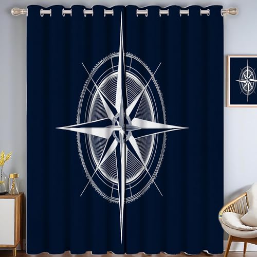 Nautisch Kompass Verdunkelungsvorhang - Marineblau Vorhang Blickdicht mit Ösen, Einfach Design Geräuschreduzierend Thermovorhang für Wohnzimmer Schlafzimmer, H 214 x B 91.5 cm (2er Pack) von CAEITLRSO
