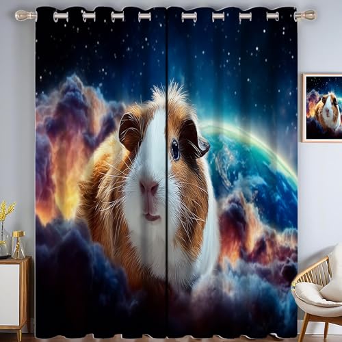 Niedlich Meerschweinchen Verdunkelungsvorhang - Braun Blau Vorhang Blickdicht mit Ösen, Mystery Weltraum Geräuschreduzierend Thermovorhang für Wohnzimmer Schlafzimmer, H 166 x B 75 cm (2er Pack) von CAEITLRSO