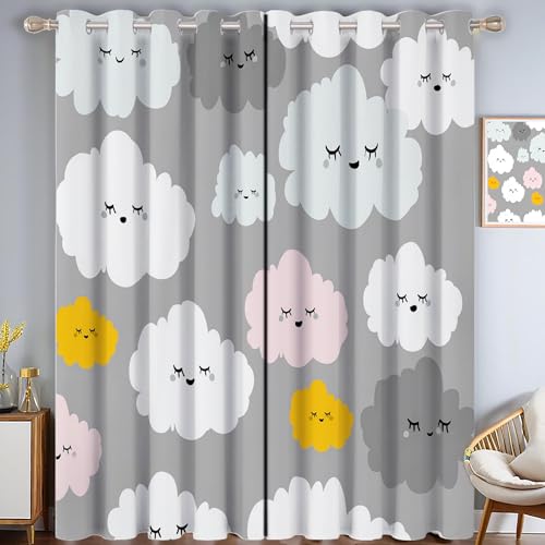 Niedlich Wolken Verdunkelungsvorhang - Rosa Gelb Grau Vorhang Blickdicht mit Ösen, Einfach Nahtlos Geräuschreduzierend Thermovorhang für Wohnzimmer Schlafzimmer, H 214 x B 91.5 cm (2er Pack) von CAEITLRSO