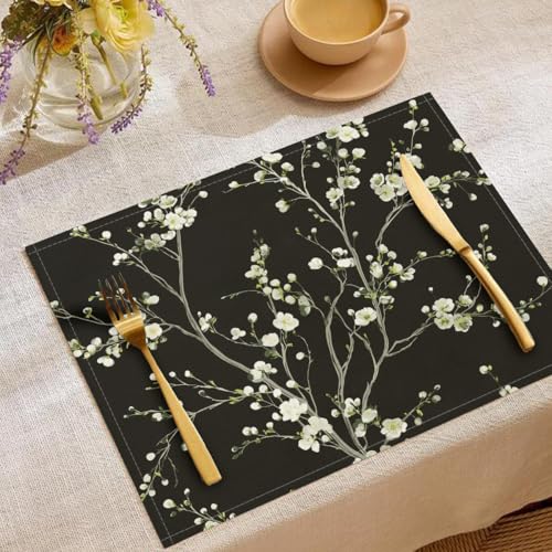 Pflaumenblüte Platzsets6er Set, 30x45cm Japanisch Druck Tischsets Stoff Waschbar Platzdeckchen Küche Party Deko auch für Wohnzimmer (Schwarz) von CAEITLRSO