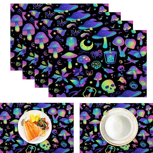 Pilz Totenkopf Tischsets, 4 Stück, Neonblau Lila, Fledermaus Mond Tischset, 30 x 45 cm, saisonale hitzebeständige Tischsets für Party, Küche, Esszimmer von CAEITLRSO