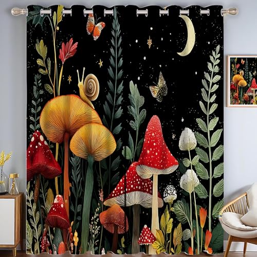 Pilze Pflanzen Verdunkelungsvorhang - Rot Grün Vorhang Blickdicht mit Ösen, Schnecken Schmetterlinge Geräuschreduzierend Thermovorhang für Wohnzimmer Schlafzimmer, H 215 x B 110 cm (2er Pack) von CAEITLRSO