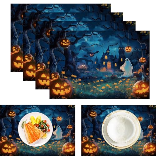 Seltsamer Baum Spukhaus Platzdeckchen aus Leinen, wasserdicht, waschbar, hitzebeständig, 4 Stück, Kürbis Vogelscheuche für ESS-/Küchentisch, Reines Hellblau 30x45cm Seltsamer Baum Spukhaus Platzdeckchen aus Leinen, wasserdicht, waschbar, hitzebeständig, 4 Stück, Kürbis Vogelscheuche für ESS-/Küchentisch, Reines Hellblau 30x45cm von CAEITLRSO