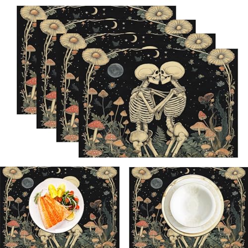 Skelettpaar Platzsets, 4 Stück, Pilze Pflanzen, 30 x 45 cm, saisonal, waschbar, Leinen-Tischmatte für Party, Küche, Esszimmer, Kaffee, Outdoor von CAEITLRSO