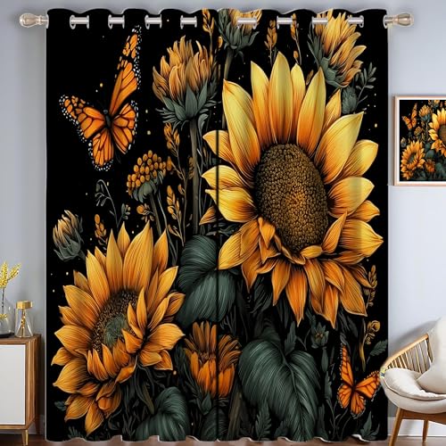Sonnenblumen Schmetterlinge Verdunkelungsvorhang - Goldgelb Vorhang Blickdicht mit Ösen, Leuchtende Blumen Geräuschreduzierend Thermovorhang für Wohnzimmer Schlafzimmer, H 215 x B 110 cm (2er Pack) von CAEITLRSO