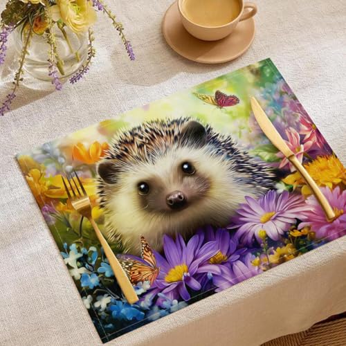 Süß Igel Tischsets Wildblume Schmetterling Waschbar Stoff Dekoration Tischsets Platzset Tischdekorations Digitaldruck Platzsets für Küche 45 x 30 cm 4 Stück von CAEITLRSO