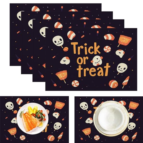 Trick Or Treat Platzdeckchen aus Leinen, wasserdicht, waschbar, hitzebeständig, 4 Stück, Halloween Süßigkeiten Totenkopf für ESS-/Küchentisch, Schwarz Orange 30x45cm Trick Or Treat Platzdeckchen aus Leinen, wasserdicht, waschbar, hitzebeständig, 4 Stück, Halloween Süßigkeiten Totenkopf für ESS-/Küchentisch, Schwarz Orange 30x45cm von CAEITLRSO