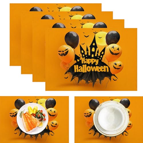 Vollmond Spukhaus Tischsets, 6 Stück, Gelb Schwarz, Halloween Luftballons Tischset, 30 x 45 cm, saisonale hitzebeständige Tischsets für Party, Küche, Esszimmer von CAEITLRSO
