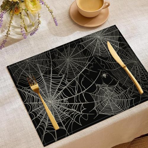 Weiß Spinnennetz Tischsets Strichzeichnung Waschbar Stoff Dekoration Tischsets Platzset Tischdekorations Digitaldruck Platzsets für Küche 45 x 30 cm 6 Stück von CAEITLRSO