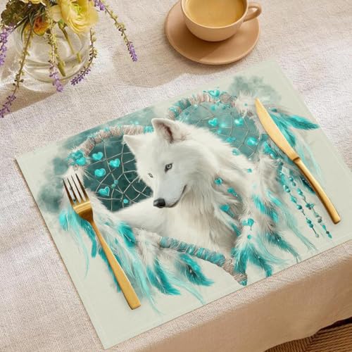 Weißer Wolf Tischsets Herz Traumfänger Waschbar Stoff Dekoration Tischsets Platzset Tischdekorations Digitaldruck Platzsets für Küche 45 x 30 cm 4 Stück von CAEITLRSO