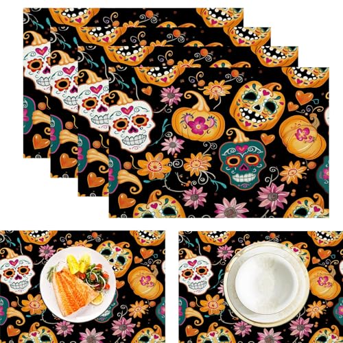 Zuckerschädel Tischsets, 6 Stück, Sanddorn Gelb Braun, Cartoon Kürbis Tischset, 30 x 45 cm, saisonale hitzebeständige Tischsets für Party, Küche, Esszimmer von CAEITLRSO