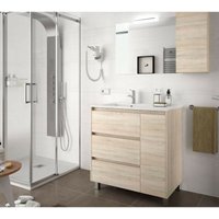 Badezimmer Badmöbel auf dem boden 85 cm braunem Holz Caledonia mit porzellan Waschtisch mit spiegel und led Lampe von CAESAROO