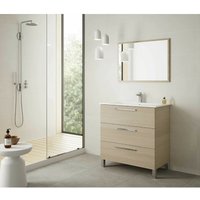 Badezimmerschrank 3 Schubladen auf dem boden 80 cm Eiche hell mit spiegel Eiche hell - Mit Doppelsäulen und Led-Lampe von CAESAROO