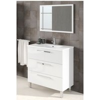Badezimmerschrank 3 Schubladen auf dem boden 80 cm Glänzend weiß mit spiegel Glänzendes Weiß - Mit Säule und Led-Lampe von CAESAROO