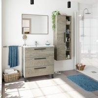 Badezimmerschrank auf dem boden 80 cm Eiche mit 3 Schubladen und spiegel Eiche hell - Standard von CAESAROO