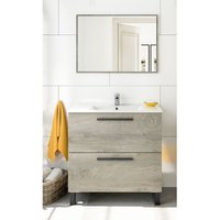 Badezimmerschrank auf dem boden 80 cm Eiche mit waschtisch und spiegel Eiche hell - Mit Doppelsäulen und Led-Lampe von CAESAROO