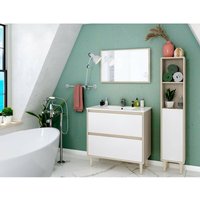 Caesaroo - Boden Badezimmerschrank 80 cm Helle Eiche und glänzend Weiß mit Spiegel und Waschtisch Anstrich - Standard von CAESAROO