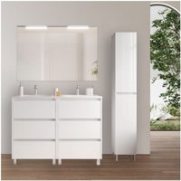 Bodenstehender Badezimmerschrank 120 cm aus glänzend weißem Holz mit integriertem Waschbecken – Nova - Mit Spiegel und doppelter led von CAESAROO