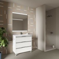 Bodenstehender Badezimmerschrank 80 cm Minnesota glänzend Weiß mit Waschtisch weiß - 80 cm - mit spiegel und led Lampe von CAESAROO