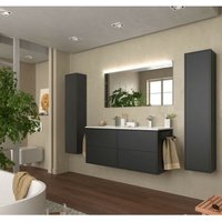 Badezimmer Badmöbel 120 cm Ulisse aus Mattschwarz Holz mit waschtisch aus Porzellan 120 cm - Mit Spiegel, Doppelsäule und doppel LED-Lampe von CAESAROO