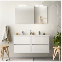 Badezimmer Badmöbel 120 cm aus glänzend weiß lackiertem Holz mit Porzellan Waschtisch Mit Spiegel, Doppelsäule und doppel LED-Lampe von CAESAROO