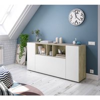 Highboard Paterson, Modernes Sideboard mit 3 Türen, Wohnzimmerbuffet mit Fächern, Wohnzimmer-Sideboard, Fernsehschrank, cm 150x41h76, Weiß und Eiche von CAESAROO