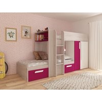 Etagenbett Alvin für zwei Kinder Fuchsie Eiche und Mattweiß mit Kleiderschrank Fuchsia, Eiche und Weiß von CAESAROO