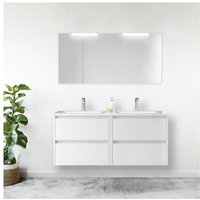 Hängender Badezimmerschrank 140 cm aus glänzend weißem Holz mit eingebautem Waschbecken – Nova - 140 cm mit Doppelspiegel und led Lampe von CAESAROO