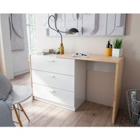 Kommode mit 3 Schubladen und ausziehbarem Schreibtisch Eiche Nordisch und Mattweiß Eiche und Weiß von CAESAROO